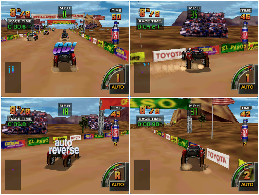 Four frames from the first keyboard-driven race in web64