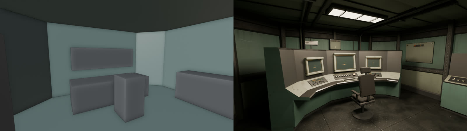 The command room as a greybox and as a Cycles render