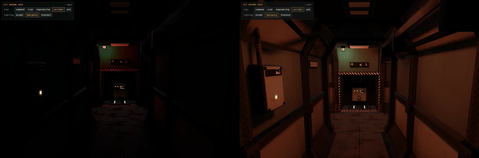 The corridor in emergency lighting, before and after