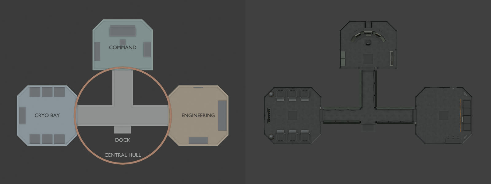 The greybox plan next to the finished plan